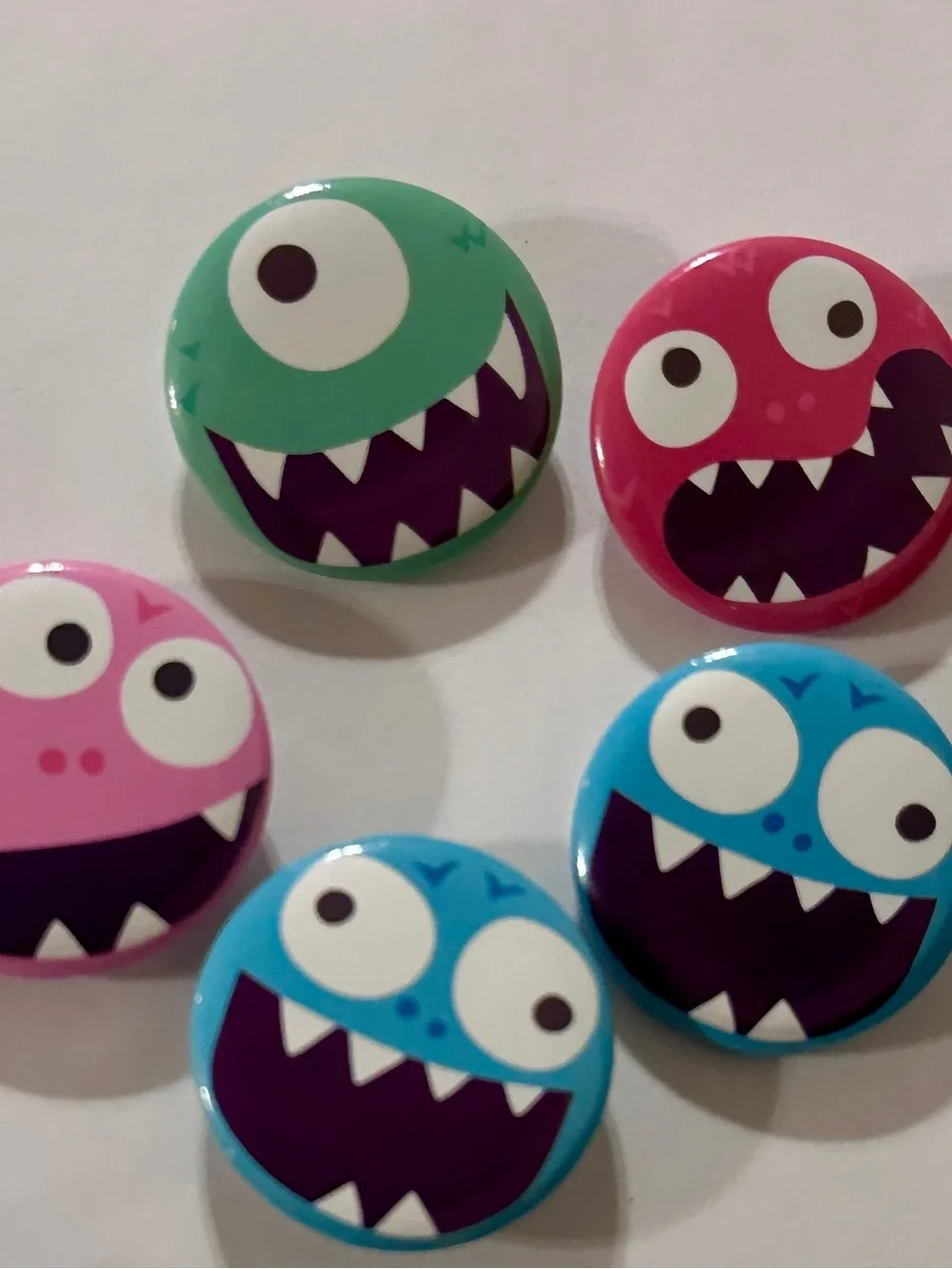 Set of 5 Colorful Monster Buttons - Pink, Green, Red, Blue - Prizes Favors Gifts